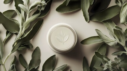 Cream in jar with green leaves.
