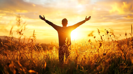 Person standing in open field at sunrise, arms raised in joy, embracing nature beauty and warmth