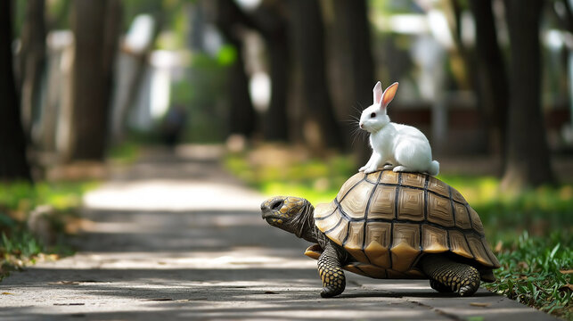 Side view of green tortoise running with white rabbit on back, park setting