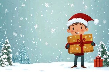 Gleeful festive season cgi art. Joyful mature person man in a red santa cap with huge present box in hands. Christmas hat design. Merry christmas banner. Young santa animation. Gift box magic.