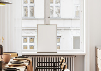 Frame mockup in simple cozy Scandinavian kitchen, 3d render