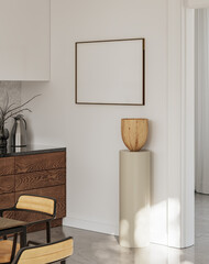 Frame mockup in simple cozy Scandinavian kitchen, 3d render