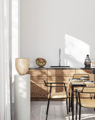 Frame mockup in simple cozy Scandinavian kitchen, 3d render