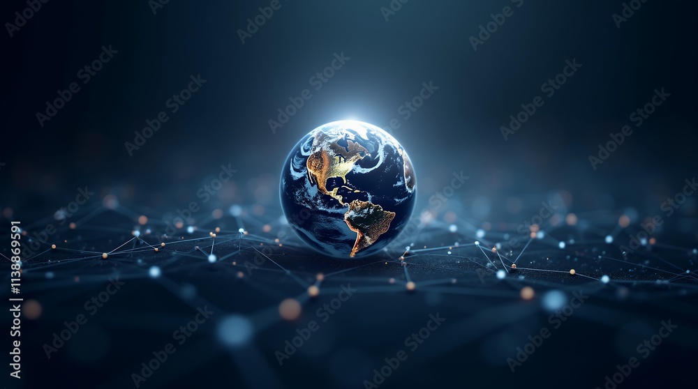 Poster a professional poster showcasing a glowing globe at the center with connecting lines representing gl