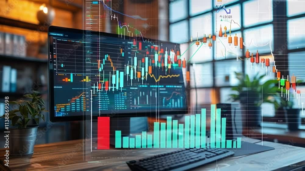 Poster montage showcasing a computer screen displaying stock market data with fluctuating graphs and charts
