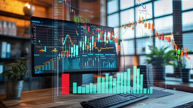 Montage showcasing a computer screen displaying stock market data with fluctuating graphs and charts. The office environment suggests a focus on finance and trading