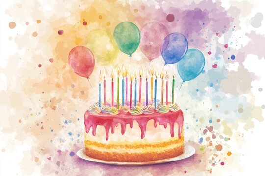 Watercolor illustration of a joyful birthday celebration invitation card with festive decorations