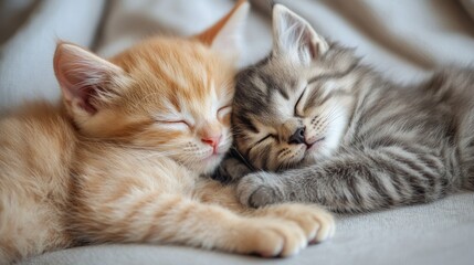 Two kittens, orange and grey, sleep closely together.
