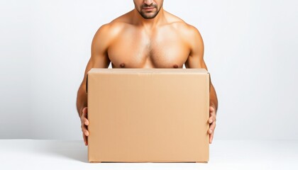 Strong man holding a large brown box with confidence in a minimalistic setting, showcasing physique and focus