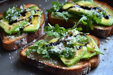 Toast topped with avocado, arugula, and balsamic glaze, served on a rustic plate.