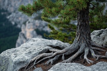 Pine tree with exposed roots on rocky cliff