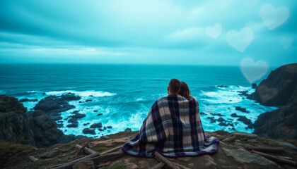 Fototapeta premium A romantic couple sits closely together under a cozy blanket on the edge of a cliff, gazing at the vast ocean waves and enjoying a peaceful Valentine's Day moment.
