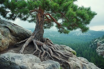 Pine tree with exposed roots on rocky cliff