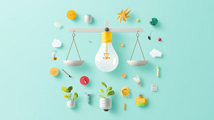 Light bulb balancing ideas and growth with colorful elements representing innovation and nature