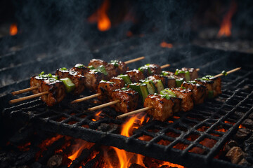 Yakitori skewers over charcoal grill, shiny tare glaze, glowing embers, chopped scallion garnish