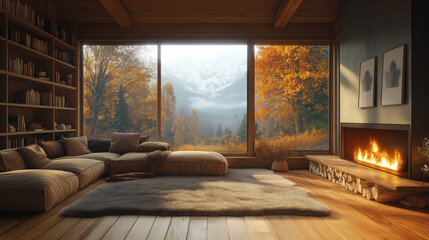 Modern cozy cabin with autumn forest view and warm fireplace