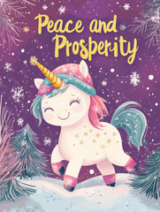 Fototapeta premium Charming New Year Illustrations with joyful unicorn wearing a winter scarf, prancing through the snow: Cute Holiday Designs for Cards, Wallpapers, T-Shirts, Posters & Decor