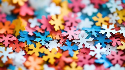 Colorful paper snowflake confetti background.