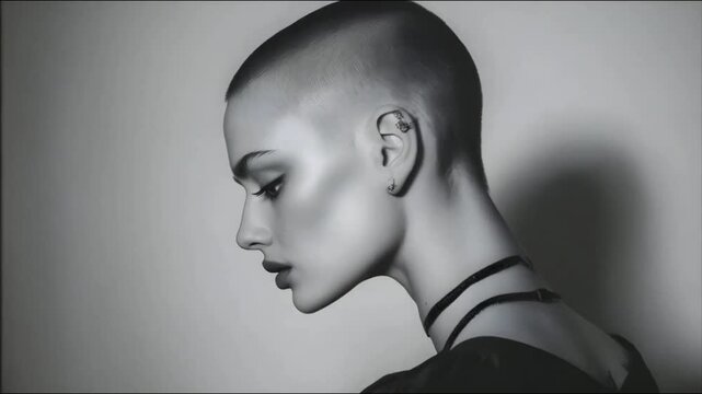 The head movement of a beautiful young woman with a shaved head, giving her an irresistible charm
