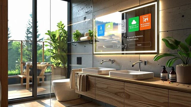 This Stylish bathroom with smart tech and natural light for a soothing atmosphere.
