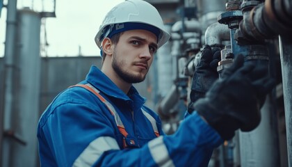 Young male technician in blue overalls and helmet inspects gas pipe in industrial city setting