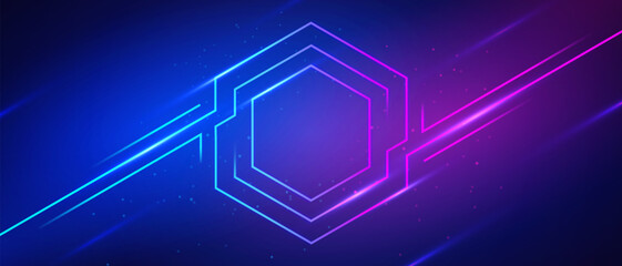 Neon Light Hexagon Shape On Dark Background