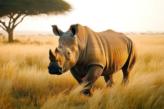 Sunlit rhino in grassland, serene nature scene.
