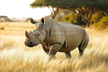 Obraz premium Rhino in golden savanna light, conservation theme