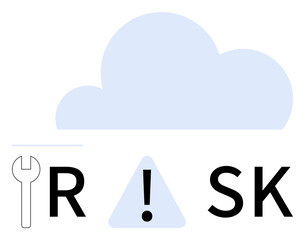 Cloud shape above the letters R, SK and a wrench symbol, with a triangle containing an exclamation mark. Ideal for cloud security, IT risk management, data protection, maintenance alerts, system