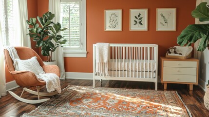 A serene and stylish nursery featuring a white crib, earthy tones, and plants, showcasing bohemian decor in a comfortable space.
