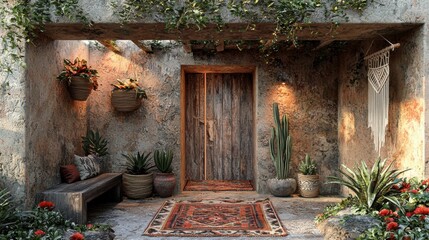 A vibrant Bohemian-inspired entrance with textured walls, lush plants, and colorful rugs, showcasing natural materials and artistic decor elements.