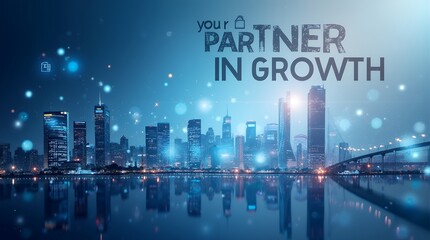 Naklejka premium Sleek Modern Business Poster Design with a Gradient Blue and Silver Background Featuring a City Skyline for Corporate Branding and Advertising Purposes
