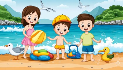 Naklejka premium Joyful Family Beach Day, Children Playing with Toys on the Sandy Shore, Summer Vacation Fun