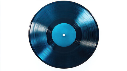 Obraz premium A sleek, modern vinyl record with a vibrant turquoise center label and matte navy grooves, isolated on a perfectly white background, crisp and clean cut-out style, intricate groove reflections and hig