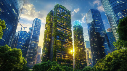 Fototapeta premium Digital Cityscape with Green Vertical Gardens and Holographic Trees: Urban Innovation Meets Sustainable Design