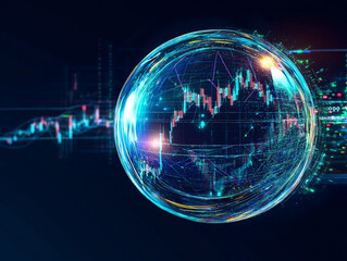 A large bubble filled with stock market charts and graphs, surrounded by symbols of instability like sharp needles and spikes