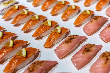 Healthy diet food theme sushi and rolls (Japanese cuisine) source of vitamins