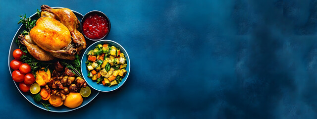 horizontal image, top view of a classic thanksgiving dinner on a blue isolated background with copy space for text. For banner, design, cover, etsy, shop, thumbnail, blog, social media, linkedin