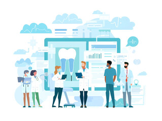 Groups of dentists and medical professionals engage in discussions about dental care advancements, utilizing technology for improved patient services