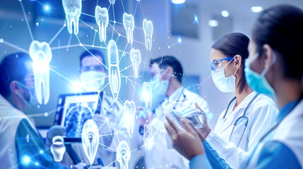 Dentists and nurses actively engage in discussions about advanced dental technologies and online consultations at a health care conference