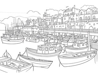 Charming Coastal Town Harbor: A Black and White Sketch of Boats Docked at a Picturesque Waterfront