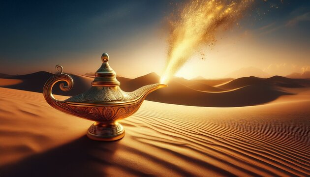 Magic Lamp In The Desert - Lamp of Wishes In The Desert - Genie Coming Out Of The Bottle
