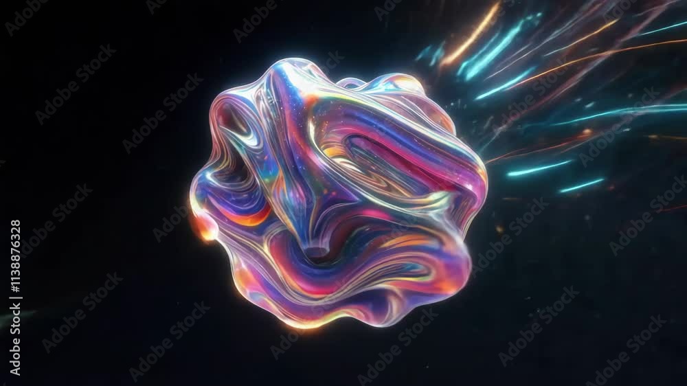 Poster iridescent, morphing shapes float within a vibrant flow of colorful light, creating an abstract visu