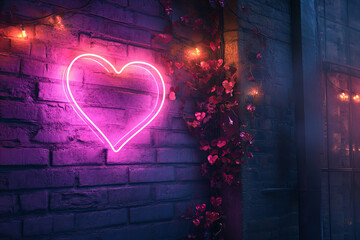 Pink neon heart glowing on dark brick wall, romantic symbol of love and passion, perfect for...