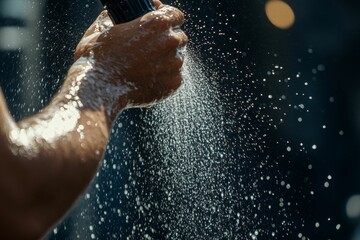 Fototapeta premium Hands hold sprayer; water droplets cascade.
