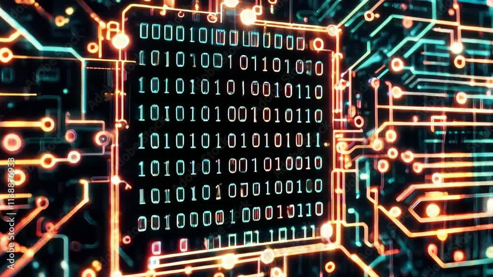 Fototapete Binary code flows seamlessly through a circuit board toward a central processing unit, illustrating the dynamic nature of computing and the intricate connections within technology