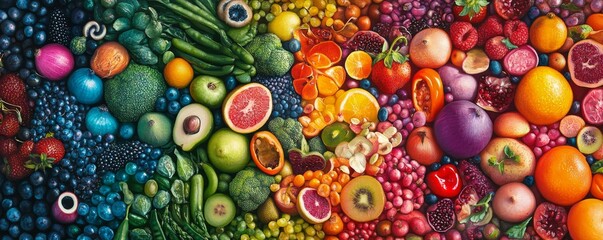 Colorful vegetables and fruits of vegan food in rainbow colors