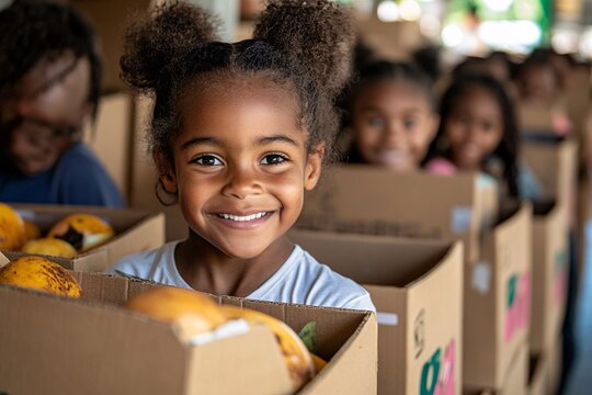 A group of children enthusiastically collecting donations for animal shelters at a community center, donation boxes and smiling faces, bottom third copy space.