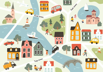 Cartoon childish city print cartoon map texture. Vector childish  pattern with  town symbols, cars, houses, buildings, trees, streets. Maze, labyrinth for children with way passing through the city. 