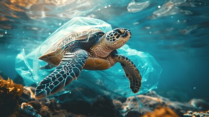 Fototapeta premium Sea Turtle Trapped Inside Transparent Plastic Bag Underwater 
